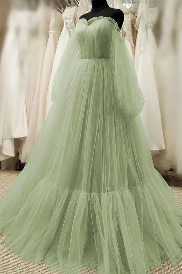 Green Tulle Prom Dress with Bishop Sleeves,Dresses for Party jkprom Green Tulle Prom Dress with Bishop Sleeves,Dresses for Party jkprom