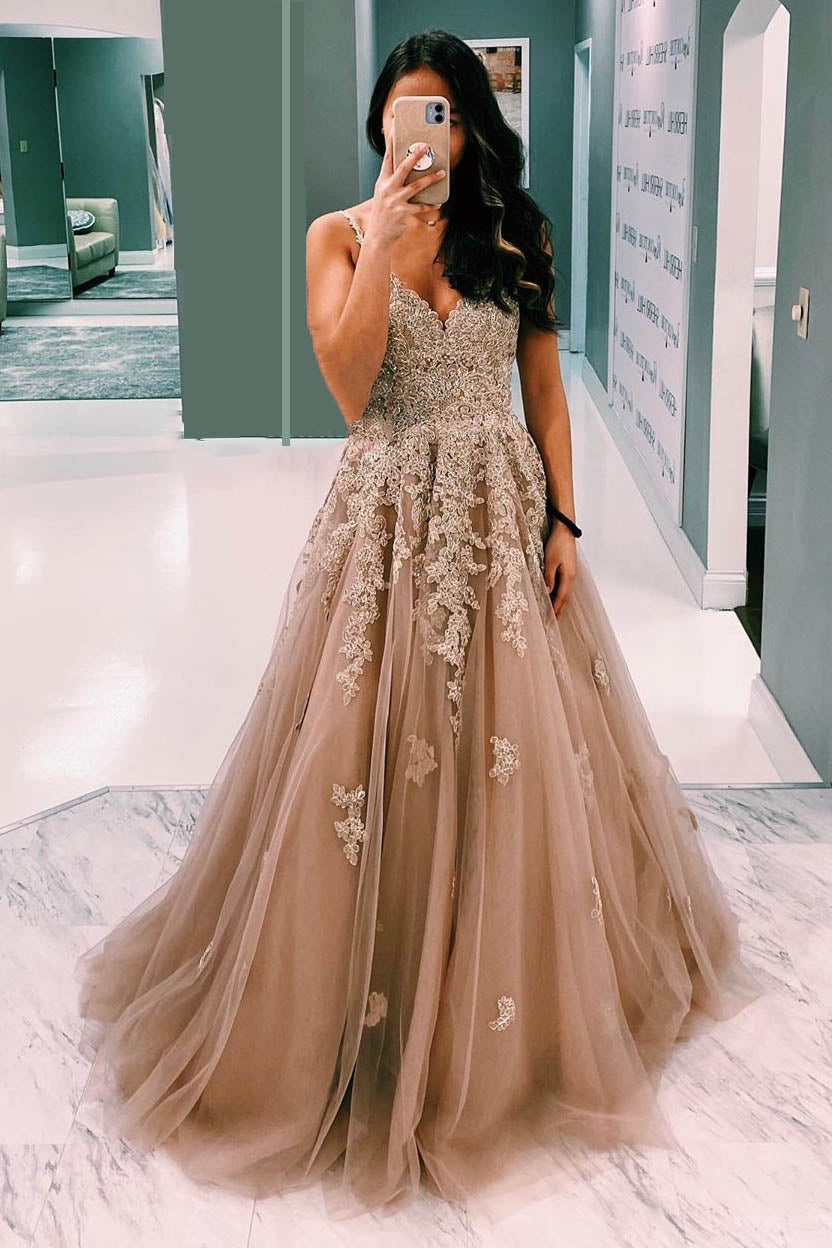 A-line Champagne Prom Dress with Lace Appliques,Elegant Long Formal Go jkprom A-line Champagne Prom Dress with Lace Appliques,Elegant Long Formal Go jkprom