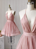 A Line V Neck Short Pink Tulle Prom Dresses, Short Pink Tulle Formal Homecoming Dresses