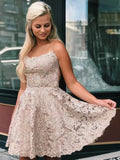 A Line Short Backless Blue/Champagne/White Lace Prom Dresses,cocktail dresses wedding,semi formal dresses