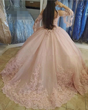 Ball Gown Lace Yellow Quince Dresses,Princess Puff Long Sleeves Sweet 16 Dress
