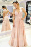 A-line Blush Pink Prom Dress Spaghetti Tulle Appliques Formal Dress
