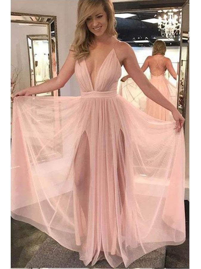 Blush Pink Side Slits Plunge V neck Sexy Party Prom Dress jkprom Blush Pink Side Slits Plunge V neck Sexy Party Prom Dress jkprom