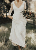 Romantic Bohemian Casual V Neck Long Sleeve Polka Dot Wedding Dress