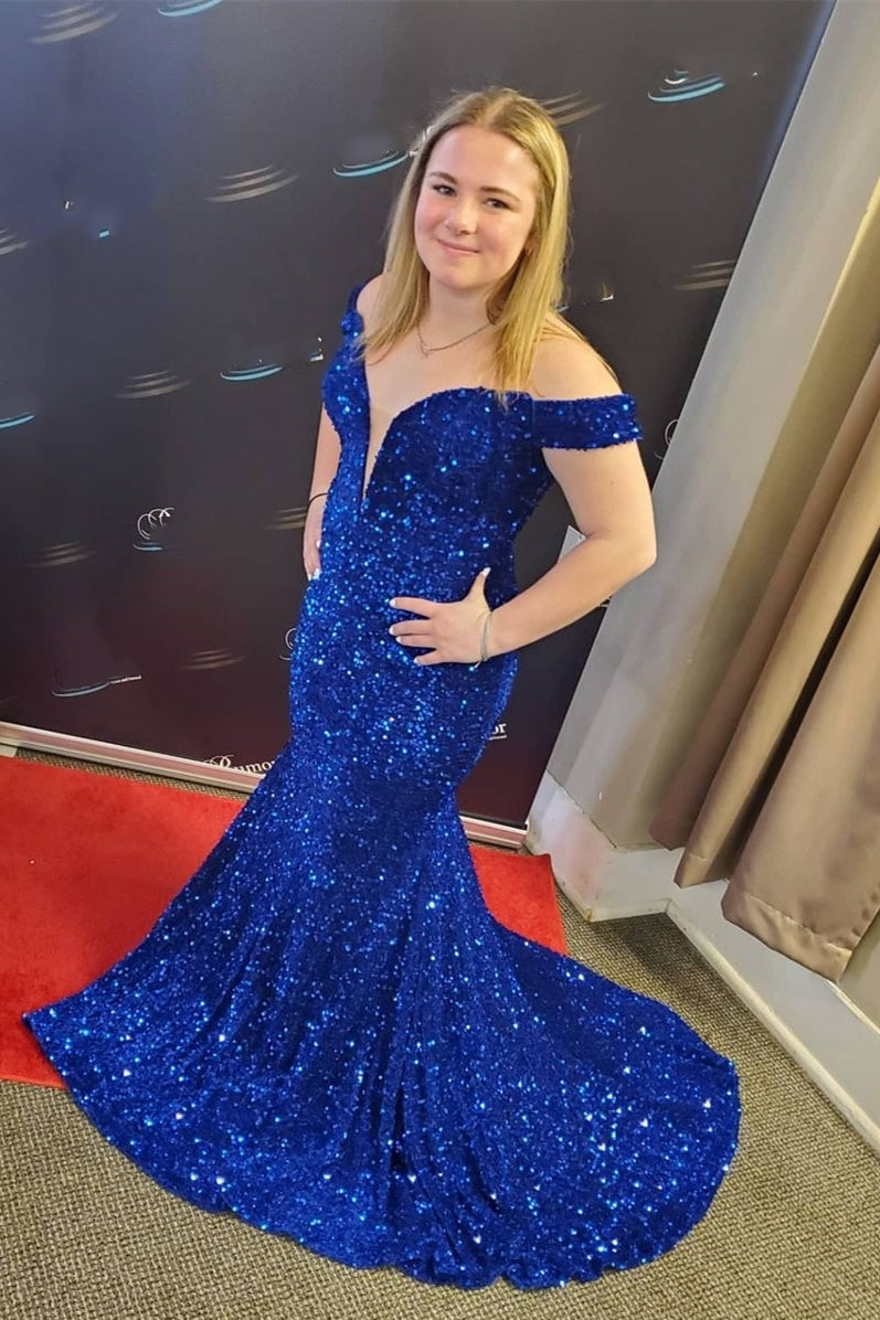 Off the Shoulder Royal blue Sequin Mermaid Long Prom Dresses jkprom Off the Shoulder Royal blue Sequin Mermaid Long Prom Dresses jkprom