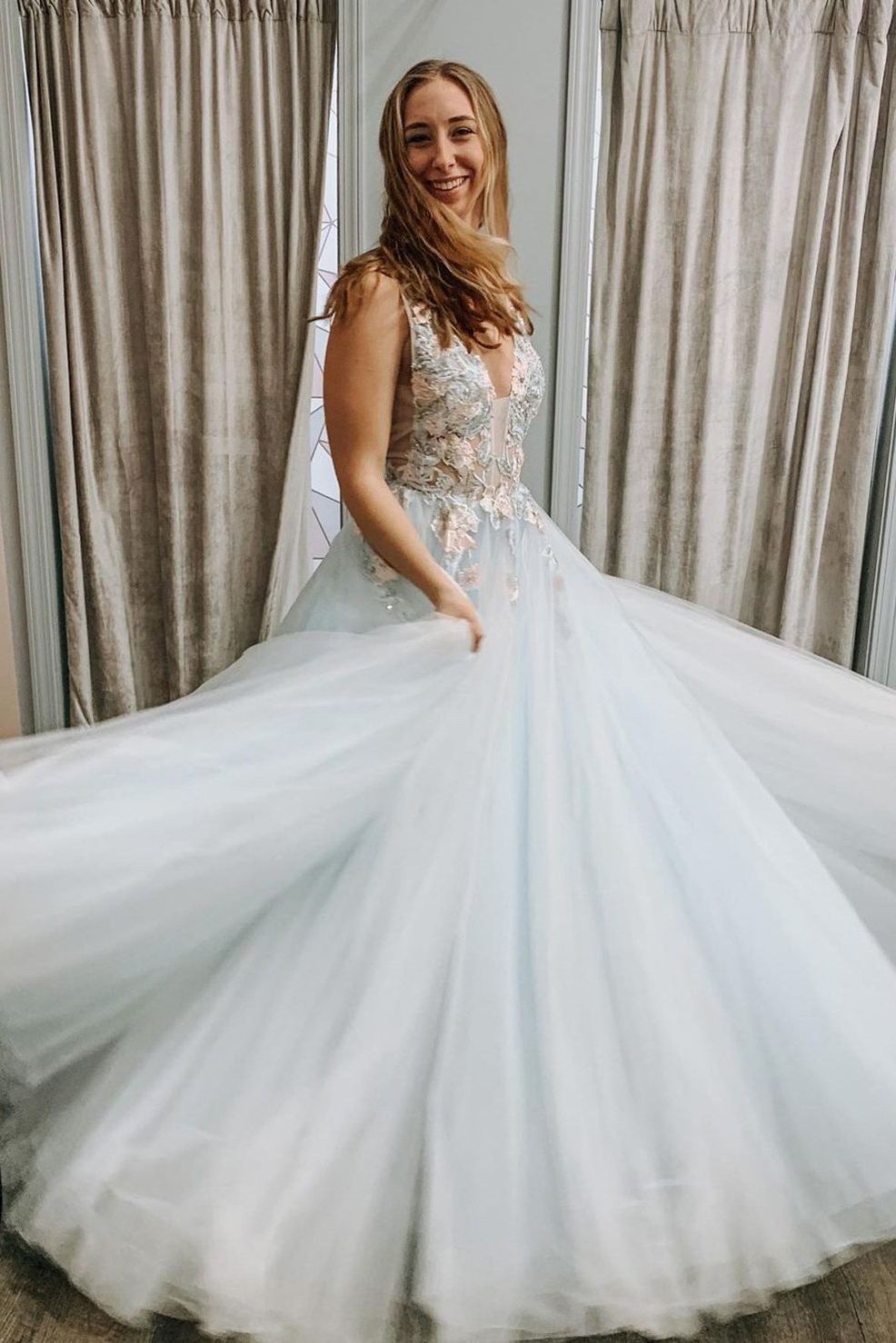 Floral Appliques Long Prom Dresses V-neck Graduation Gown GP112 jkprom Floral Appliques Long Prom Dresses V-neck Graduation Gown GP112 jkprom