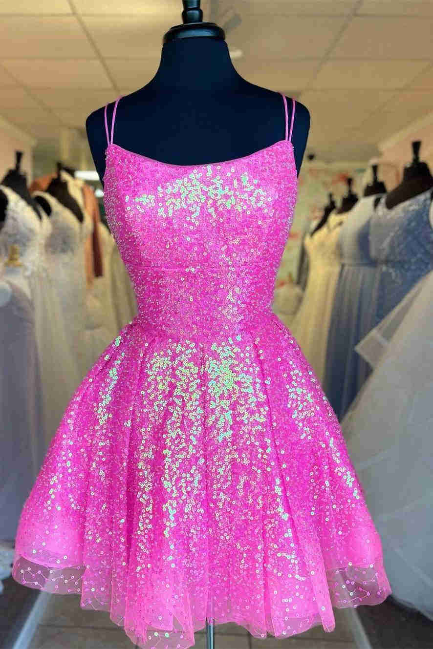 cute pink dresses Cute Hot Pink Sequins A-Line Homecoming Dress Hoco Night Dresses – jkprom