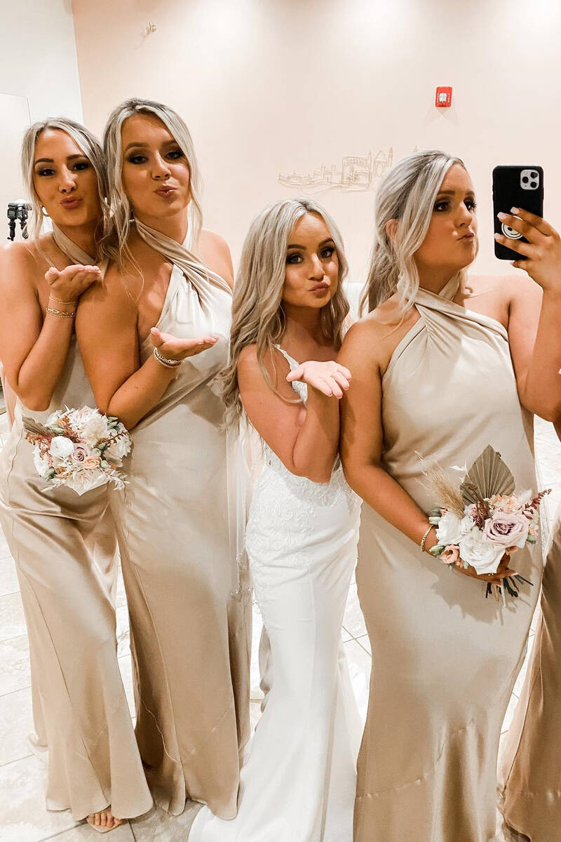 Cross Front Halter Champagne Floor Length Bridesmaid Dress jkprom Cross Front Halter Champagne Floor Length Bridesmaid Dress jkprom