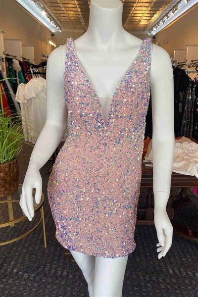 Black V Neck Long Sleeve Sequins Short Party Dress 16th Birthday Homecoming Dress