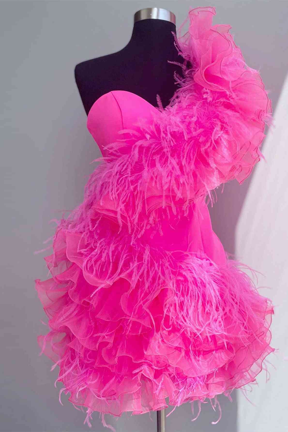 Hot Pink Ruffled Short Homecoming Dress with Feathers jkprom Hot Pink Ruffled Short Homecoming Dress with Feathers jkprom