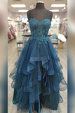 Teal Straps Appliques Multi-Layers Tulle Long Prom Dresses