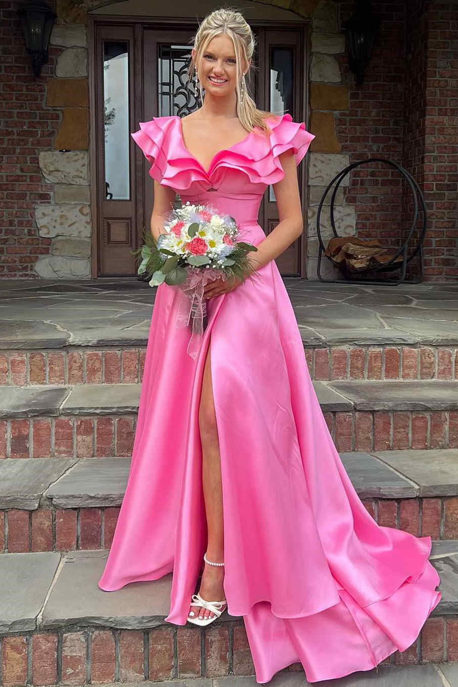 Hot Pink V-Neck Ruffle A-Line Satin Long Prom Dress jkprom Hot Pink V-Neck Ruffle A-Line Satin Long Prom Dress jkprom
