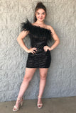 Black One Shoulder Sequins Short Cocktail Dress with Feathers
