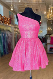 Hot Pink One Shoulder A Line Short Homecoming Dress Sequins