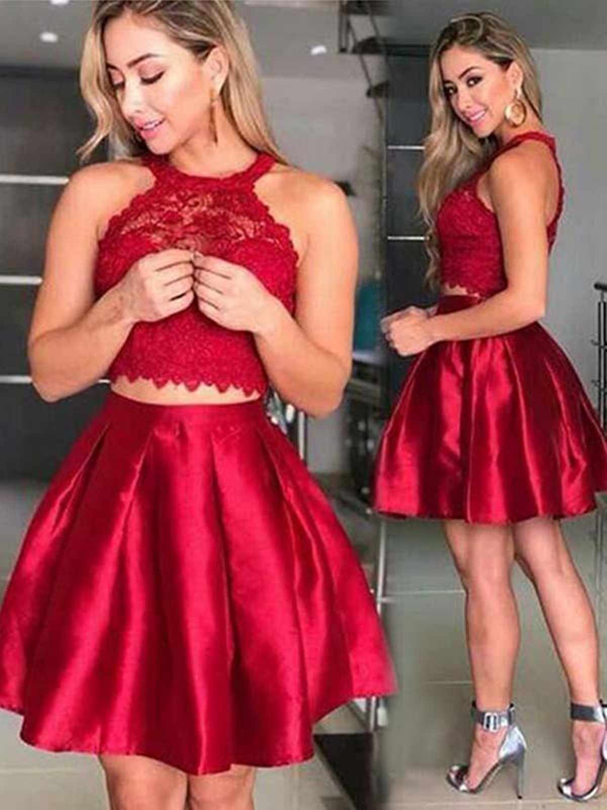 Halter Neck Two Pieces Short Red Lace Prom Dresses, 2 Pieces Short Red jkprom Halter Neck Two Pieces Short Red Lace Prom Dresses, 2 Pieces Short Red jkprom