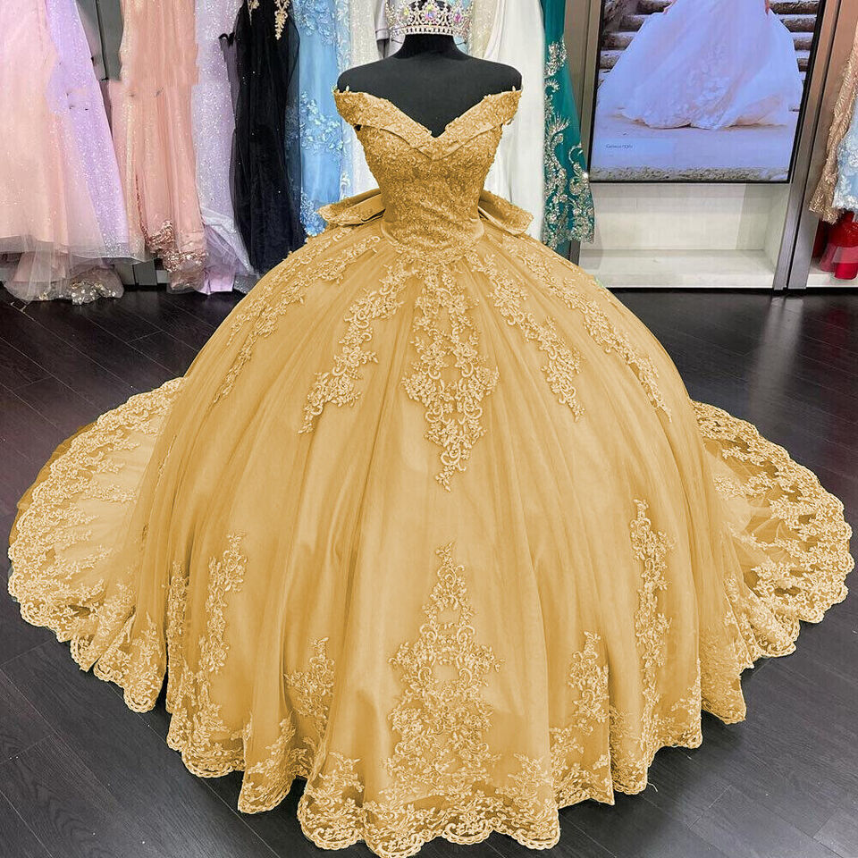 Princess Lace Off Shoulder Gold Quinceanera Dresses Applique With Bow jkprom Princess Lace Off Shoulder Gold Quinceanera Dresses Applique With Bow jkprom