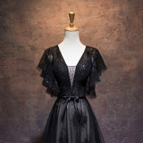 Modest Black Long A-line V-neck Black Prom Dresses Chic Party Dress