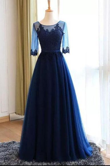 A-line Scoop Neck Dark Blue Long Prom Dresses With Sleeves GP20 jkprom A-line Scoop Neck Dark Blue Long Prom Dresses With Sleeves GP20 jkprom