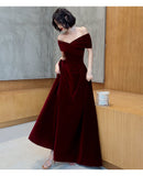 Beautiful Dark Red Velvet Off Shoulder Bridesmaid Dress, A-line Long Prom Dresses