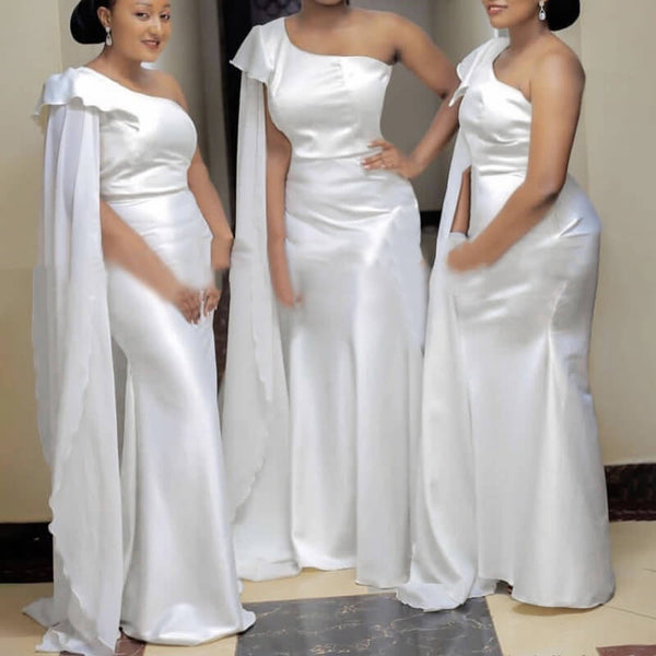 Sage Mermaid One Shoulder Streamer Ruched Satin Long Bridesmaid Dress with Slit
