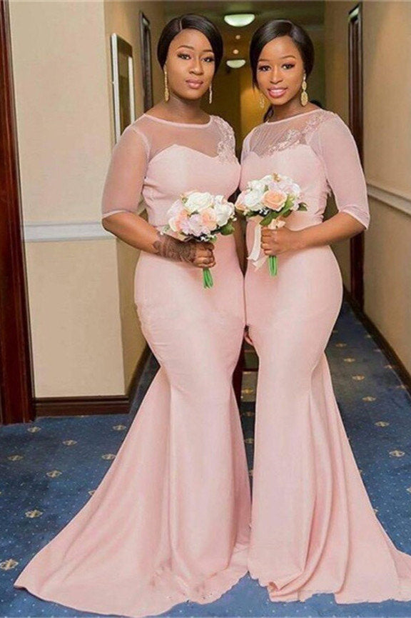 Mermaid Round Lace Applique Floor Length Half Sleeves Bridesmaid Dress jkprom Mermaid Round Lace Applique Floor Length Half Sleeves Bridesmaid Dress jkprom