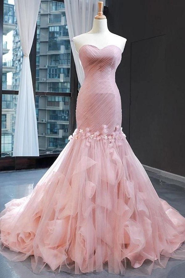 Pink Tulle Prom Dresses Sweetheart Mermaid Long Formal Dress with Ruffles, GP138 jkprom Pink Tulle Prom Dresses Sweetheart Mermaid Long Formal Dress with Ruffles, GP138 jkprom