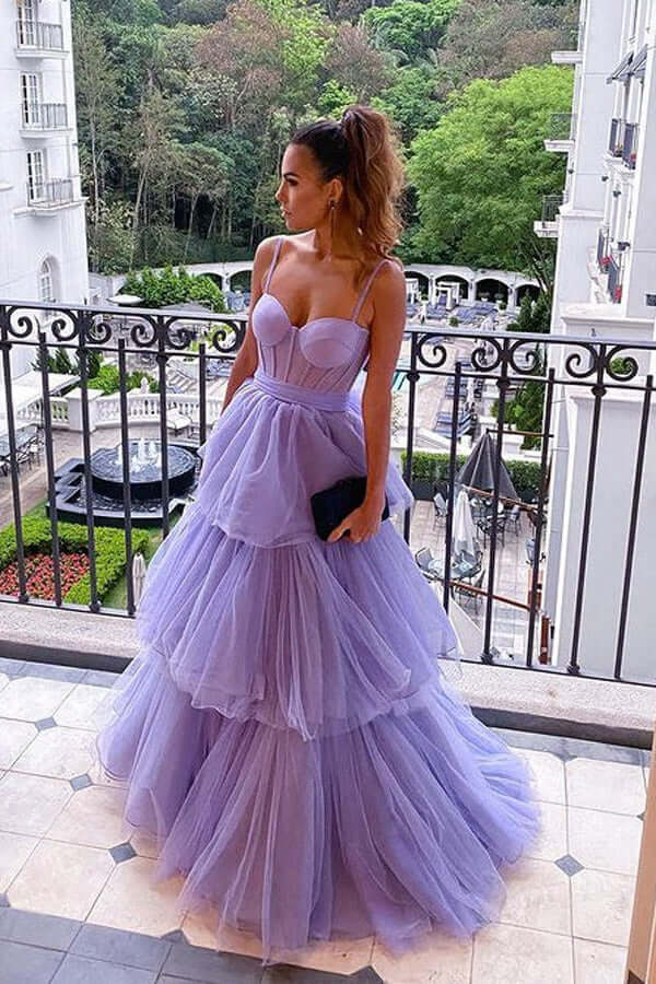 Purple Tulle A-line Spaghetti Straps Prom Dresses, Long Formal Dress,d jkprom Purple Tulle A-line Spaghetti Straps Prom Dresses, Long Formal Dress,d jkprom