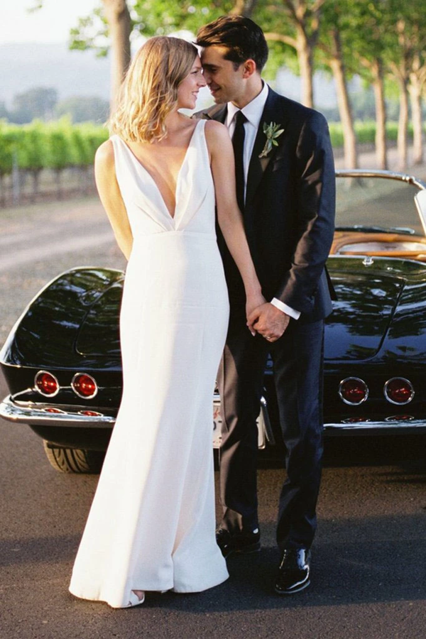 Elegant Sheath V Neck Off White Wedding Dresses, Simple Beach Wedding jkprom Elegant Sheath V Neck Off White Wedding Dresses, Simple Beach Wedding jkprom