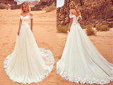 Charming Off The Shoulder Tulle Long Beach Wedding Dress,White Women Bridal Gown for Sale