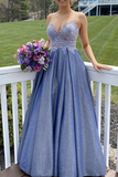A Line Spaghetti Straps Blue Lace Top Prom Dresses, Long Formal Evening Dresses