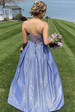 A Line Spaghetti Straps Blue Lace Top Prom Dresses, Long Formal Evening Dresses