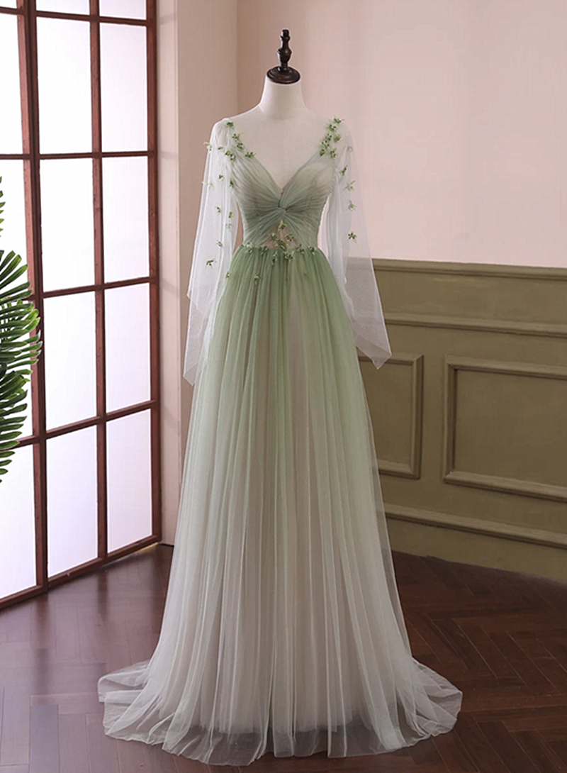 Beautiful Gradient Tulle Green Long Sleeves Party Prom Dress jkprom Beautiful Gradient Tulle Green Long Sleeves Party Prom Dress jkprom
