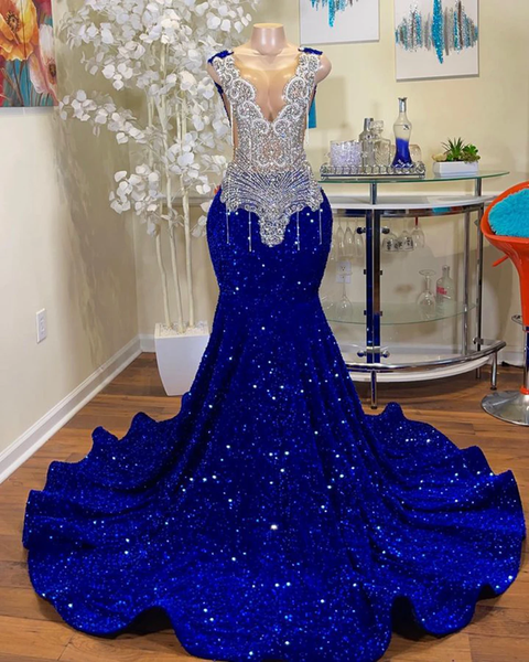 Mermaid Style Royal Blue Long Prom Dresses,Luxury Sparkly Crystals Dia