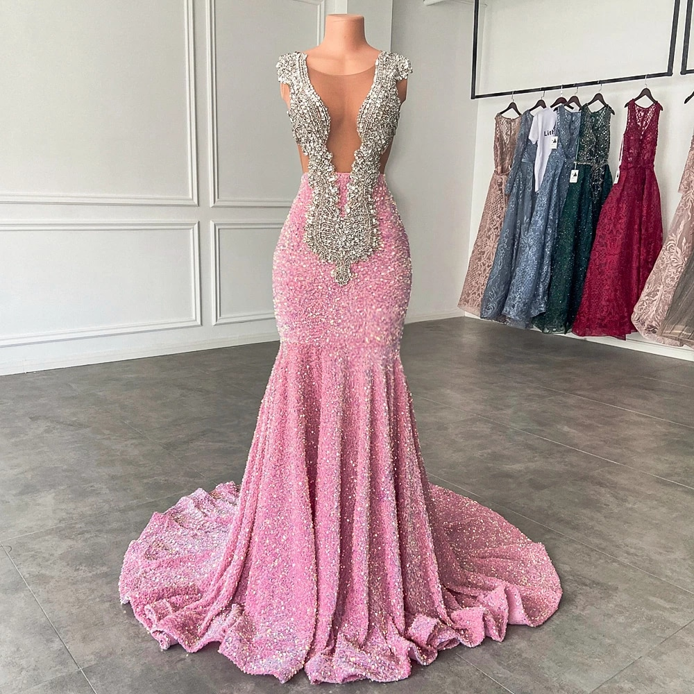 Sparkly Long Prom Dresses Mermaid Crystal Pink Sequin Formal Dress jkprom Sparkly Long Prom Dresses Mermaid Crystal Pink Sequin Formal Dress jkprom