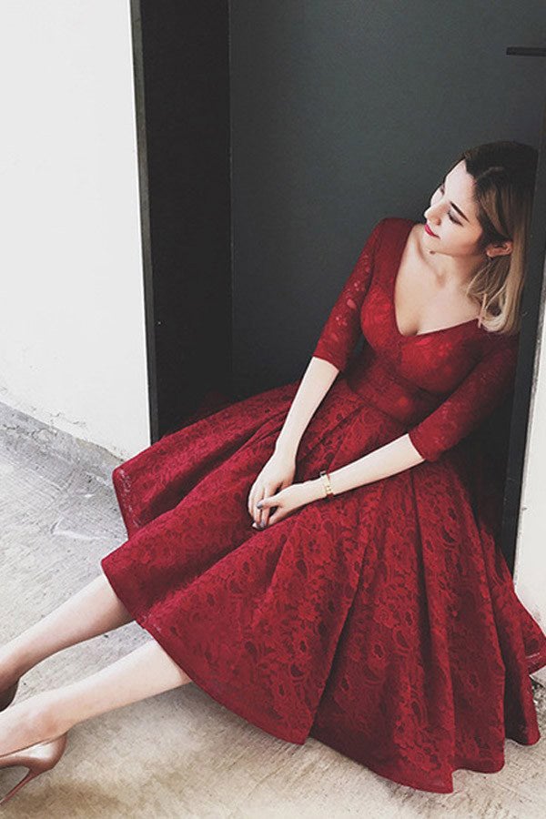 Half Sleeves Burgundy Homecoming Dress With Lace V Neck Short Prom Dress SH62 jkprom Half Sleeves Burgundy Homecoming Dress With Lace V Neck Short Prom Dress SH62 jkprom