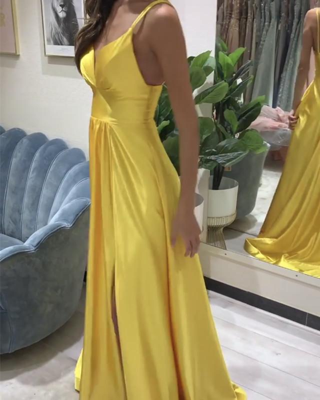 Spaghetti Straps V Neck Prom Dresses Satin Leg Slit