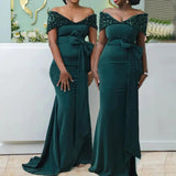 Emerald Green Bridesmaid Dresses Mermaid,Long Trumpet Party Dress for Weddings with Streamer