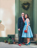 Short Blue Polka Dot Wedding Dress with 3/4 Sleeves