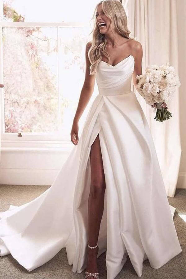 Beautiful Satin A Line V Neck Wedding Dresses With Slit jkprom Beautiful Satin A Line V Neck Wedding Dresses With Slit jkprom