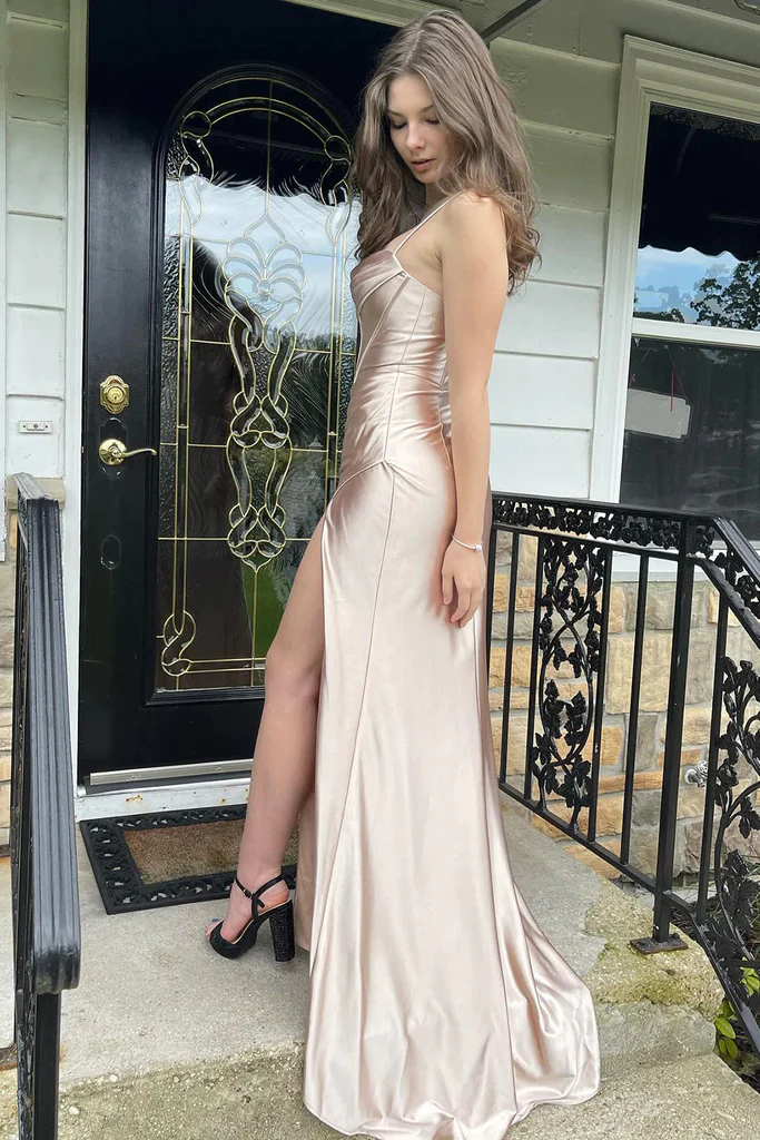 Champagne Spaghetti Straps Prom Dresses With Slit,Fitted Evening Dress