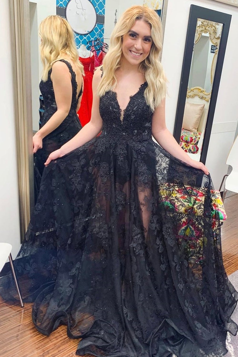 V Neck Open Back Black Lace Floral Prom Dress, Long Black Beaded Formal Dress, Black Lace Evening Dress A1372 jkprom V Neck Open Back Black Lace Floral Prom Dress, Long Black Beaded Formal Dress, Black Lace Evening Dress A1372 jkprom