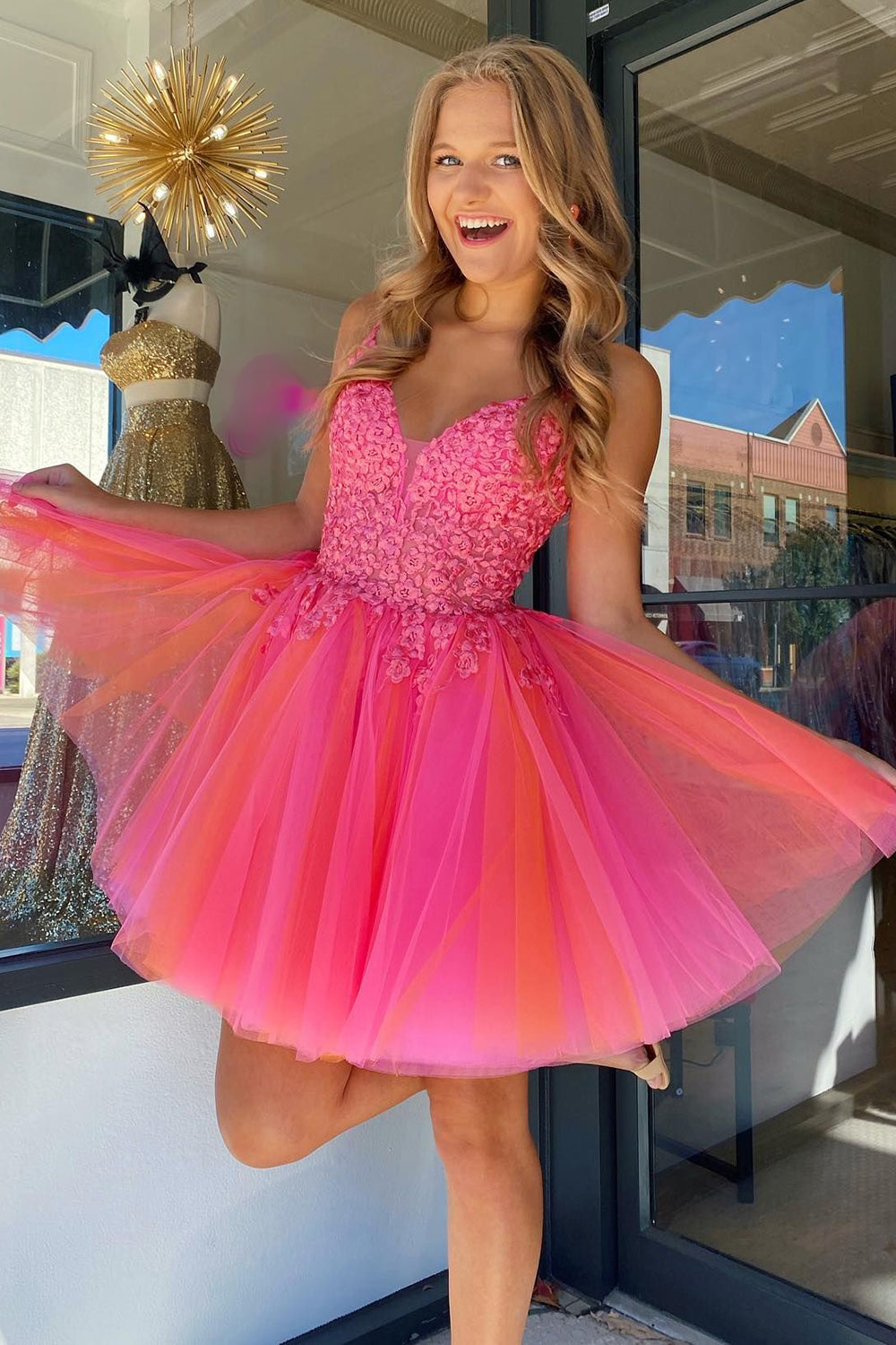 Hot Pink A-Line Tulle Short Homecoming Dress with Lace jkprom Hot Pink A-Line Tulle Short Homecoming Dress with Lace jkprom