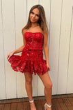 Red Short Sheath Strapless Corset Homecoming Dress