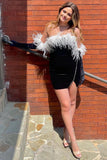 Stylish Sheath Strapless Black Short Homecoming Dress with Feather