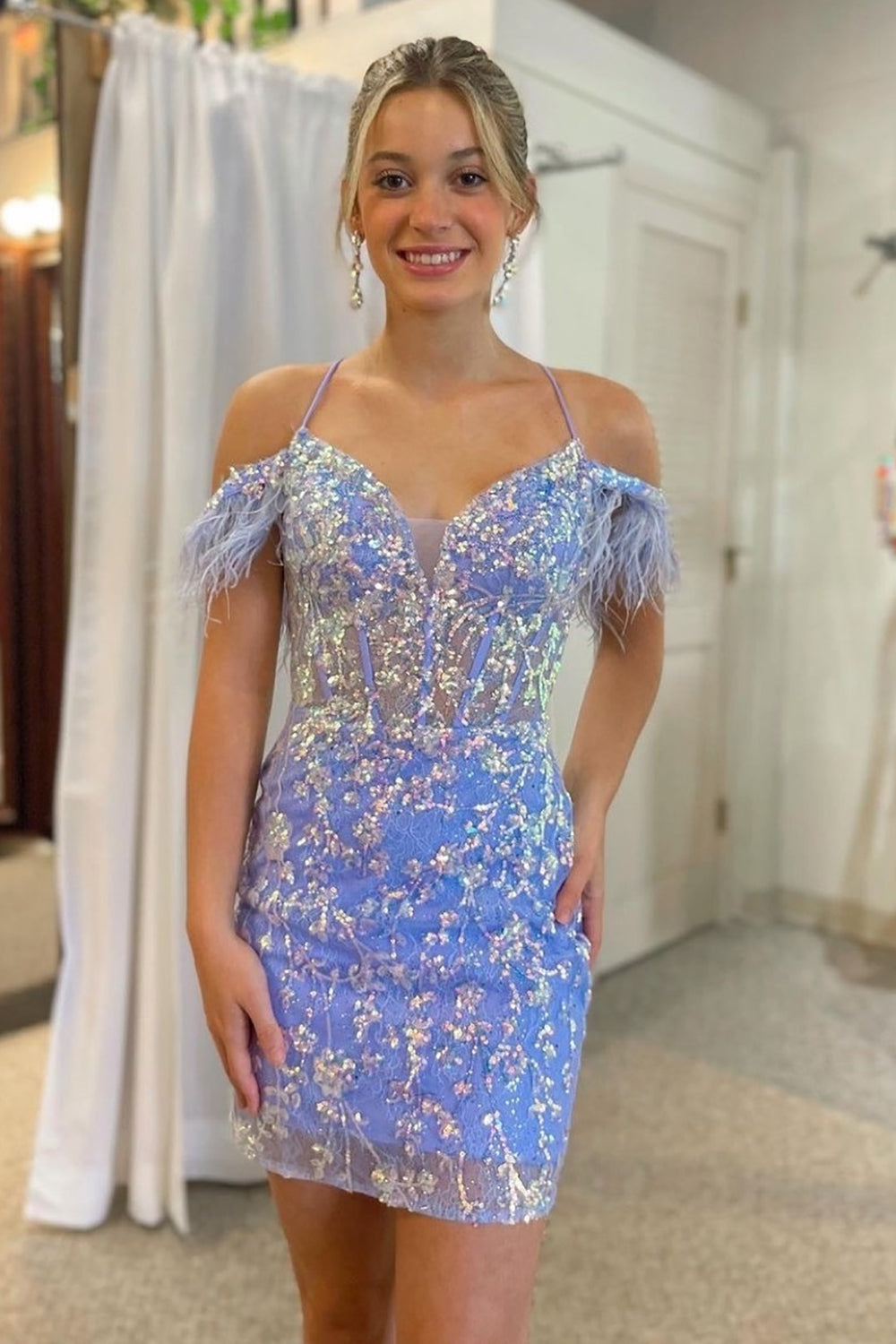 Gorgeous Bodycon Blue Short Homecoming Dress with Feather jkprom Gorgeous Bodycon Blue Short Homecoming Dress with Feather jkprom
