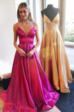 A-line Fuchsia Prom Gown with Spaghetti Straps,Back Open Evening Gown