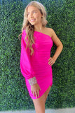 Hot Pink One Sleeve Ruched Mini Homecoming Dress Short