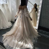 Long A-Line Sweetheart Appliques Crystal Tulle Wedding Dress with Sleeves