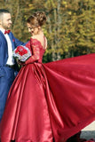 Burgundy Prom Dresses Beaded Lace Sleeves with Satin Skirt