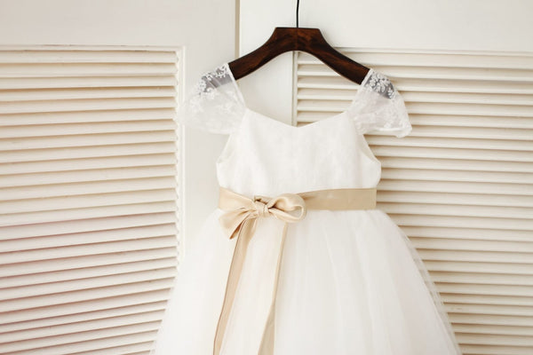 Cute Cap Sleeves Ivory Tulle Tea-Length Cheap Flower Girl Dresses, FGS0004 main image 0